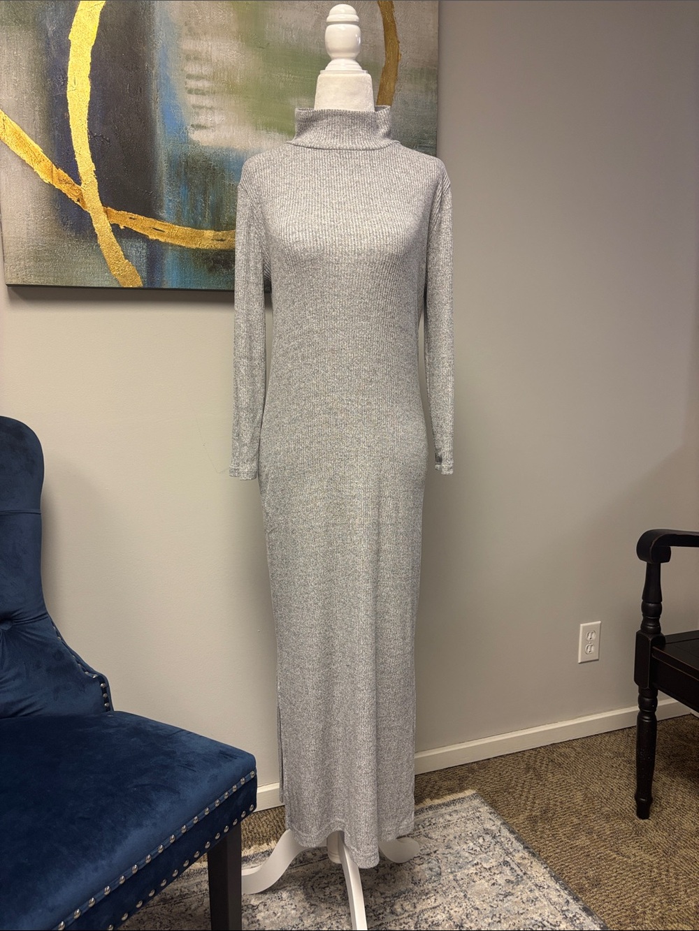 Banana Republic Silver Ribbed Mock Neck Maxi Dress